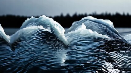 Sculptural water wave undulates in smooth, mesmerizing forms. Extreme close-up captures precise moment of wave crest, revealing intricate details and patterns. 
