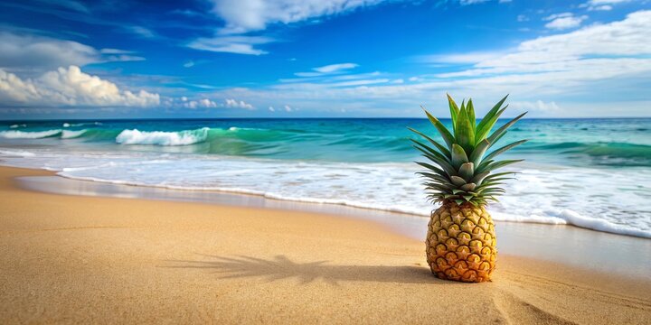 Tropical beach scene with fresh pineapple fruit, sand, and ocean waves