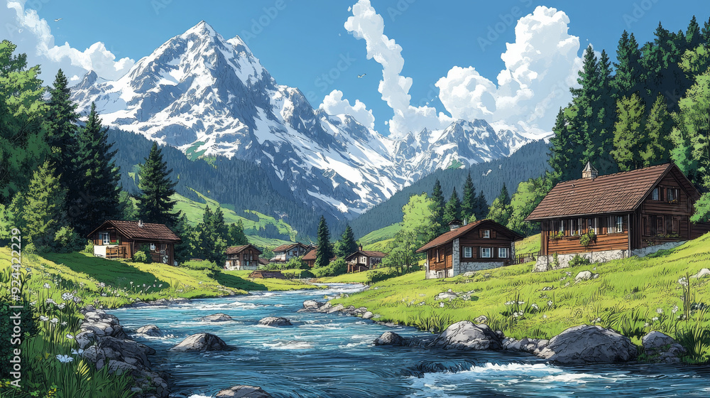 Wall mural Cartoon illustration background with a Swiss landscape representing a Switzerland town near a lake with Alps mountain in backdrop