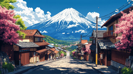 Fototapeta premium Cartoon illustration background with a Japanese landscape representing a Japan town with mount Fuji in backdrop