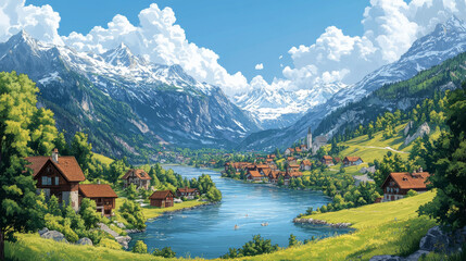 Fototapeta premium Cartoon illustration background with a Swiss landscape representing a Switzerland town near a lake with Alps mountain in backdrop