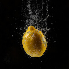 Fresh yellow lemon falling into water with splashes and bubbles, isolated on black background. AI...