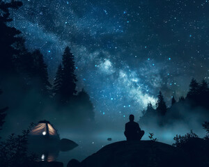 A lone figure sits on a rock in the misty forest, gazing up at the awe-inspiring night sky filled with stars.