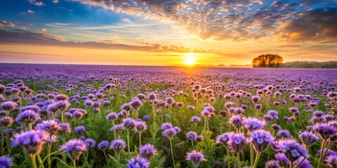 Fototapeta premium Stunning rural landscape at sunrise with blooming purple phacelia flowers in spring field
