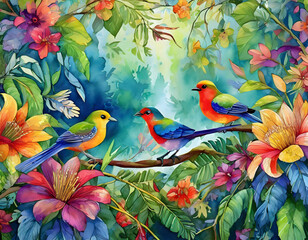 a vivid floral border adorned with bright, colorful birds and lush greenery. The frame should be full of life and energy, perfect for enhancing nature-themed designs with a burst of color.