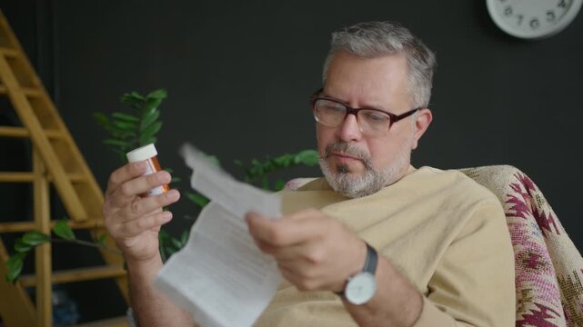 Middle aged man in glasses holding prescription bottle and reading instruction leaflet attentively before taking pills at home