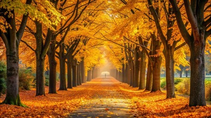 Autumn alley showcasing stunning golden hues and fallen leaves foliage