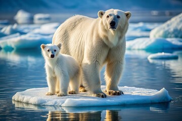 Two polar bears standing on a block of ice