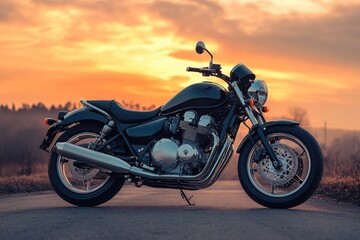Naklejka premium A stunning motorcycle parked on a rural road at sunset, highlighting its metallic parts against a dramatic sky, symbolizing freedom and adventure in a modern, artistic style.