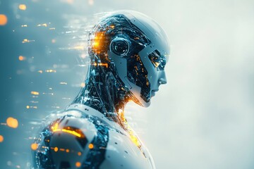 A high-resolution depiction of a person merging with robotic technology in a modern and futuristic setting. The individual's body features sleek metallic elements integrated into their form,