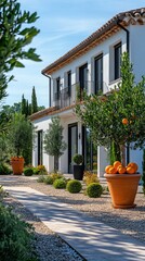 Obraz premium Modern mediterranean house garden with terracotta potted citrus trees