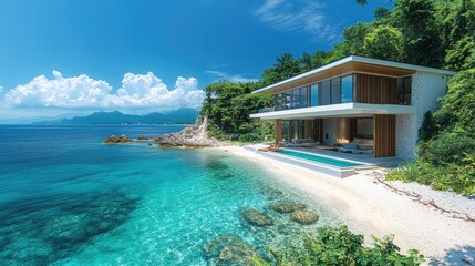 Modern luxury villa overlooking tranquil turquoise ocean in tropical paradise