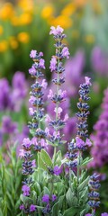 Obraz premium Diverse herb garden with blooming lavender, sage, and mint plants, highlighting their rich colors and textures.
