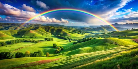 Obraz premium A breathtaking summer landscape featuring rainbow green hills under a clear blue sky