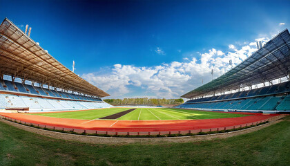 広い陸上競技場の背景。陸上競技場のイメージ素材。Background of a wide athletics stadium. Image material of an athletics stadium.