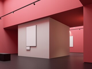 Empty pink modern art gallery with picture frame