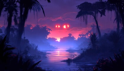 Silhouetted Palm Trees with a Pink and Purple Sunset Over a River