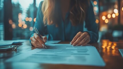 A businesswoman in a professional setting signs documents at a desk, focusing on detail and responsibility in a modern office environment.