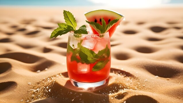A refreshing and vibrant watermelon mojito sits directly on the warm, golden sand of a sun-kissed beach, its glass rim subtly tinted with condensation, garnished with an artful sprig of fresh mint lea