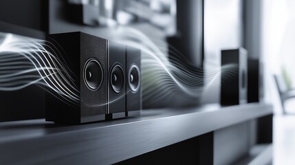 Modern black speakers emitting dynamic sound waves in a sleek home setup