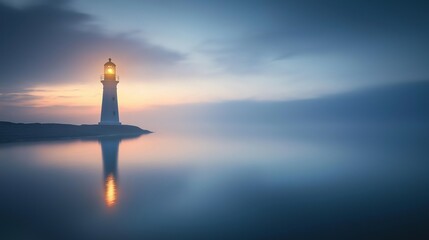 Lighthouse in the fog reflecting on calm ocean waters at dawn