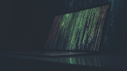 Laptop displaying green code on screen in a dark setting
