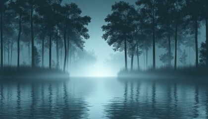 Fototapeta premium Misty Forest Reflecting on a Calm Lake at Dusk