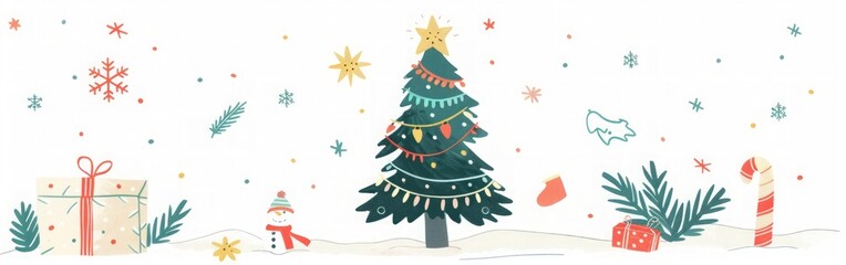 Fototapeta premium Christmas Tree with Snowman and Gifts - Winter Holiday Illustration