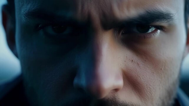 Young man with a beard shows anger and suspicion, his brows furrowed and eyes hinting aggression, intensified by dark shadows. Blue green eyes reflect tension, frustration, and stress