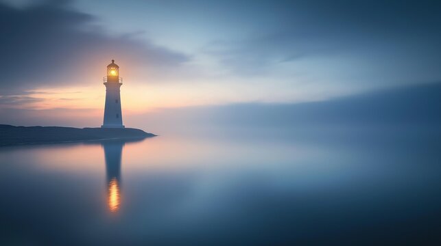 Lighthouse in the fog reflecting on calm ocean waters at dawn