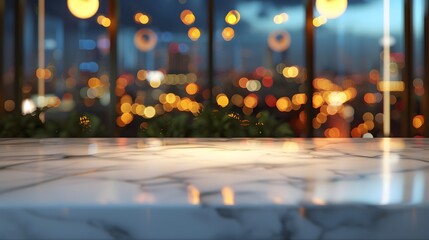Blank white marble tabletop in a cafe, with a blurred glass window backdrop revealing city lights at night, perfect for promoting evening dining experiences