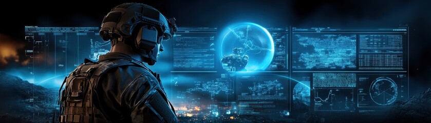 Obraz premium A soldier in tactical gear observes a futuristic interface, highlighting digital warfare and advanced technology in a military setting.