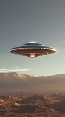 Digital metal flying saucer desert scene poster background