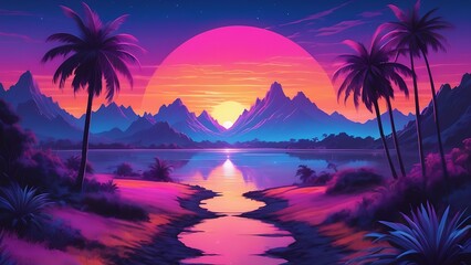 Beautiful sunset scene with water, mountains, palm trees, and a winding road. Perfect for travel, nature, or inspirational themed designs