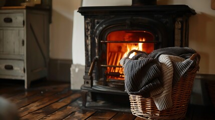 An iron fireplace with a rattan basket filled with warm garments
