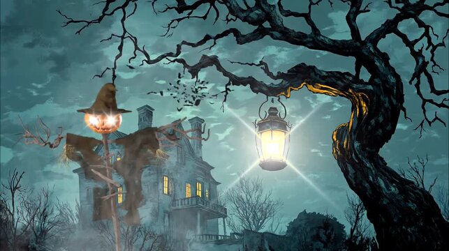Halloween scene with scarecrow and a  lantern on haunted house backround. Seamless looping time-lapse 4k video animation background