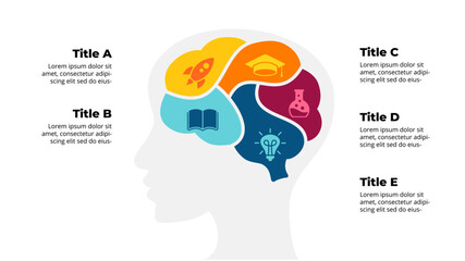 Human Head. Education Infographic. Creative Thinking Concept. Emotional Intelligence. Brain Diagram 5 steps. Generating Ideas Brainstorming. Psychological, Medical or Scientific icon. Human Intellect.