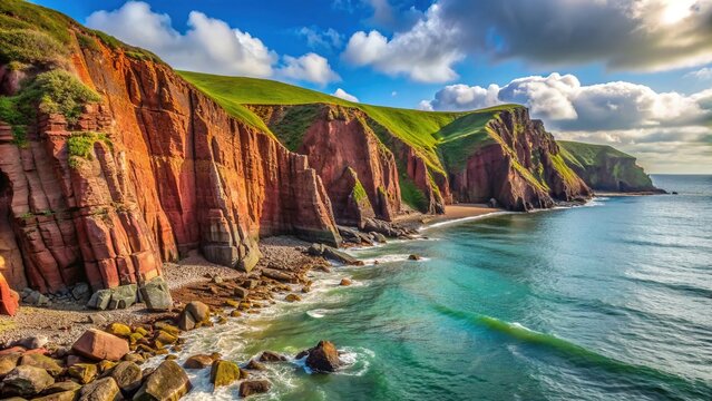 Dramatic coastal red cliffs near Manorbier in Pembrokeshire, Wales, UK, showcasing vertically inclined rock strata of argillaceous rocks and sandstone interbedded in the Milford Haven Group formation.