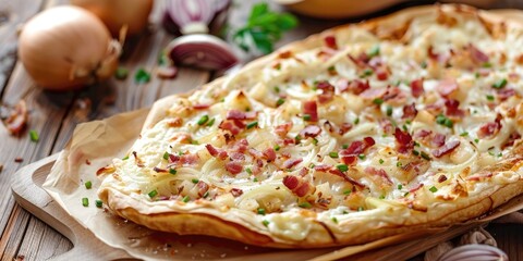 Flammkuchen from Alsace Traditional French Tarte Flambee with Cream Cheese Bacon and Onions