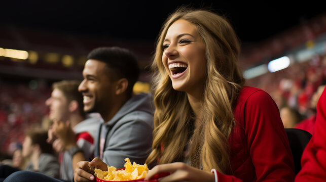 Football Fans cheer joyfully while enjoying snacks at an exited game in stadium.