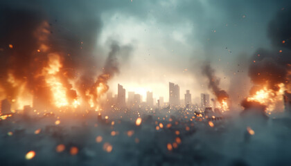 Fototapeta premium A city is on fire with smoke and debris in the air by AI generated image