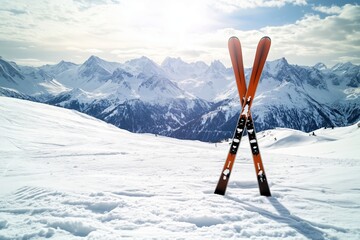 background of a mountain peak and skis standing on the snow