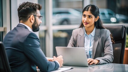 Indian HR officer performing a performance review with an employee.
