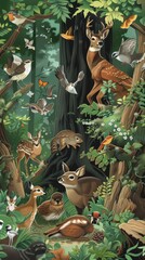 Fototapeta premium A diverse group of animals coexists in a verdant forest filled with plants and flowers under a bright sky