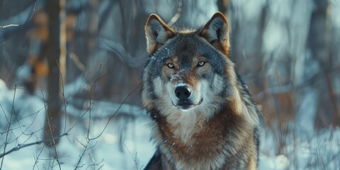 Fototapeta premium Close up of intense wolf with untamed gaze in the snowy forest