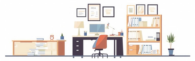 Modern Office Workspace with Desk, Bookshelf, and Plant