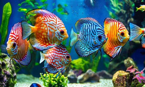 Colorful fish in a clear blue tank