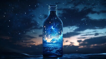 A transparent bottle containing a sparkling night sky scene with starlight, shooting stars, night clouds, bottle of water, imagination, romantic, alcohol 