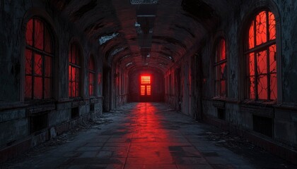 Fototapeta premium Red-Lit Hallway in an Abandoned Building