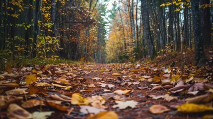 A peaceful trail lined with colorful autumn foliage invites exploration in the quiet woods